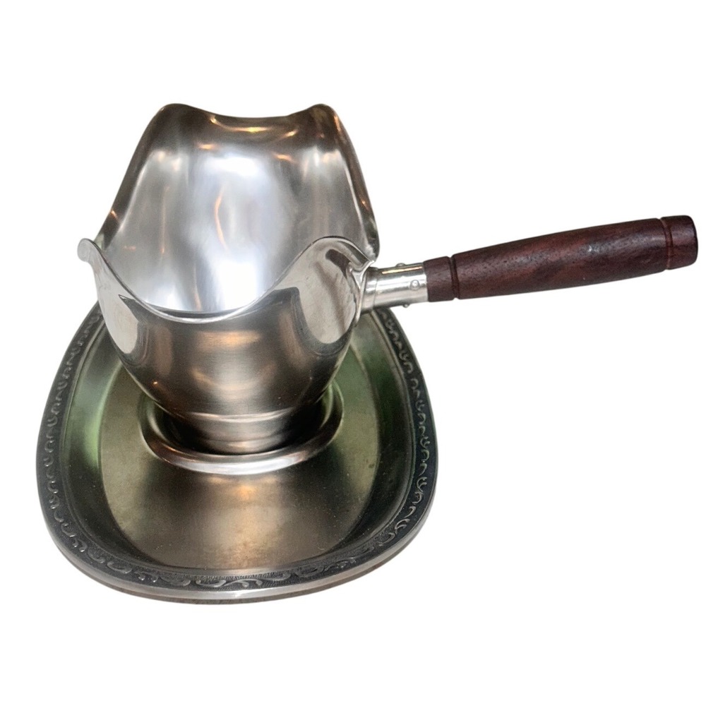 Oneida 18/8 Stainless Steel Gravy Boat with Wood Handle and Underplate Tray Set - Picture 2 of 9